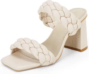 Syktkmx Women's Braided Heeled Sandals Backless Square Open Toe Block Slide Sandals