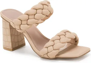 Syktkmx Women's Braided Heeled Sandals Backless Square Open Toe Block Slide Sandals