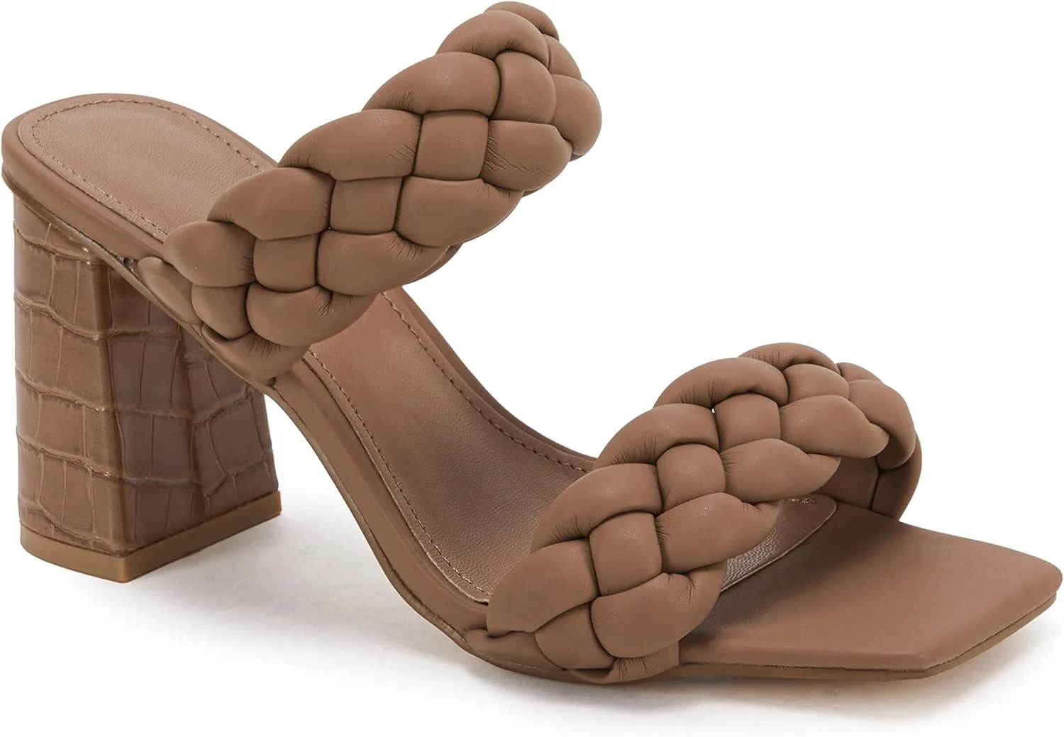 Syktkmx Women's Braided Heeled Sandals Backless Square Open Toe Block Slide Sandals
