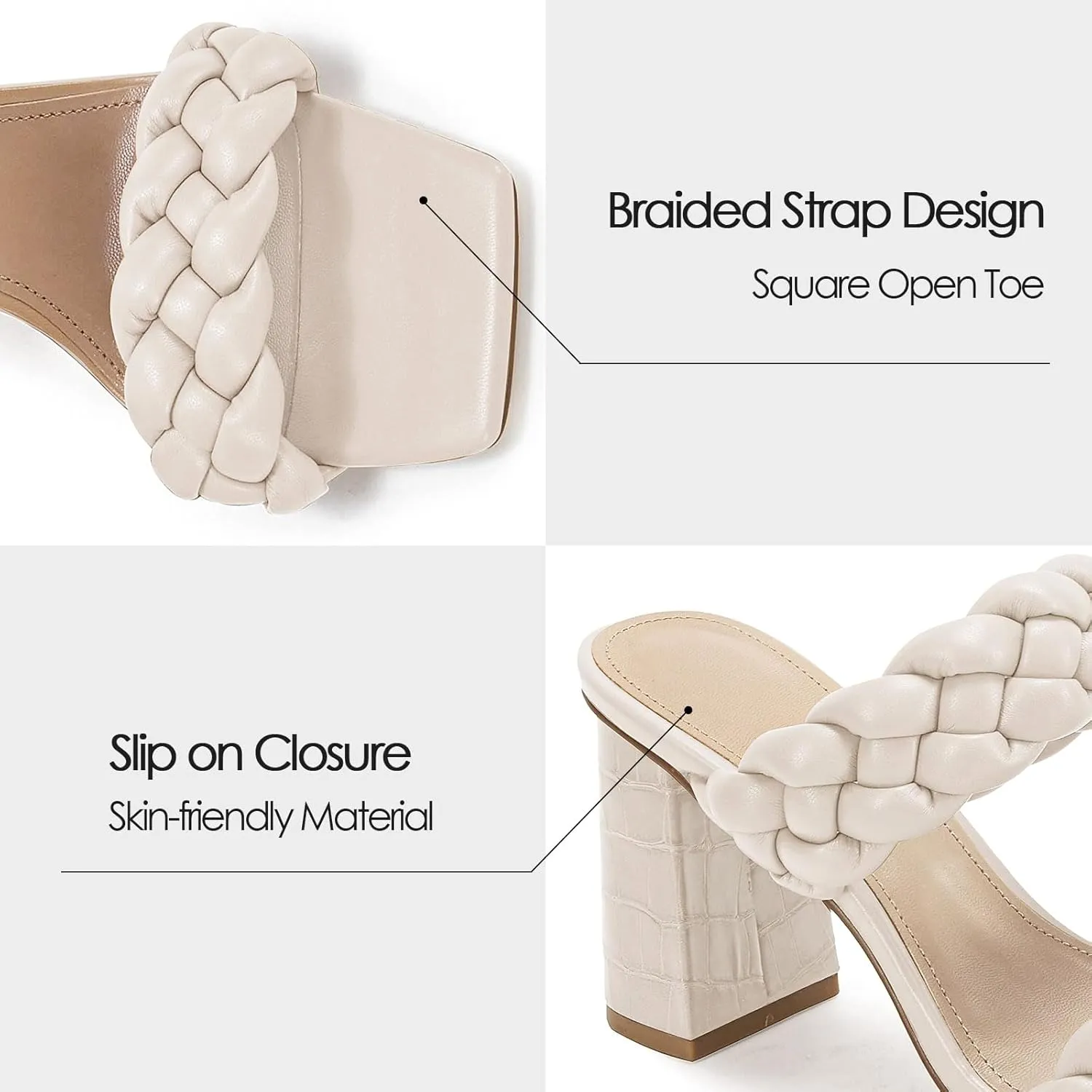 Syktkmx Women's Braided Heeled Sandals Backless Square Open Toe Block Slide Sandals