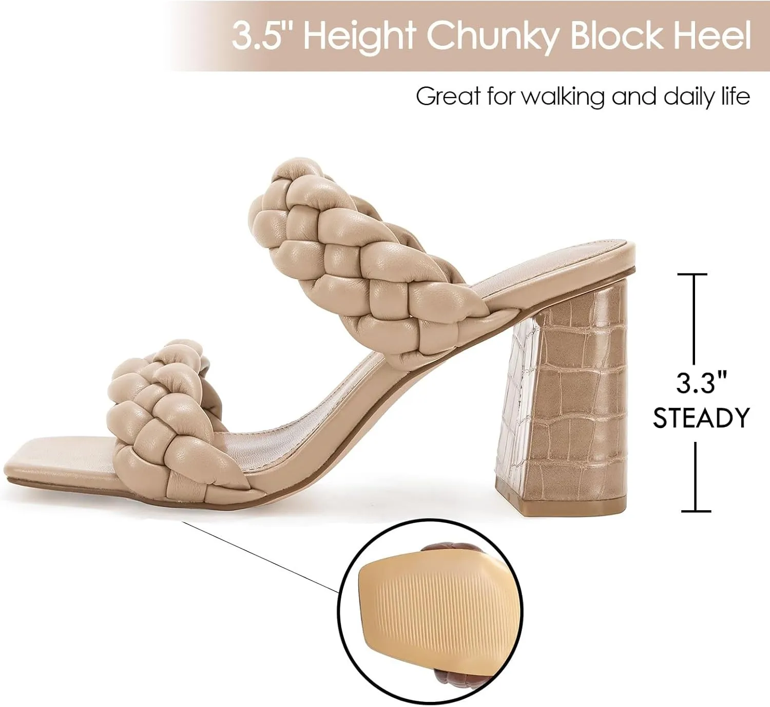 Syktkmx Women's Braided Heeled Sandals Backless Square Open Toe Block Slide Sandals