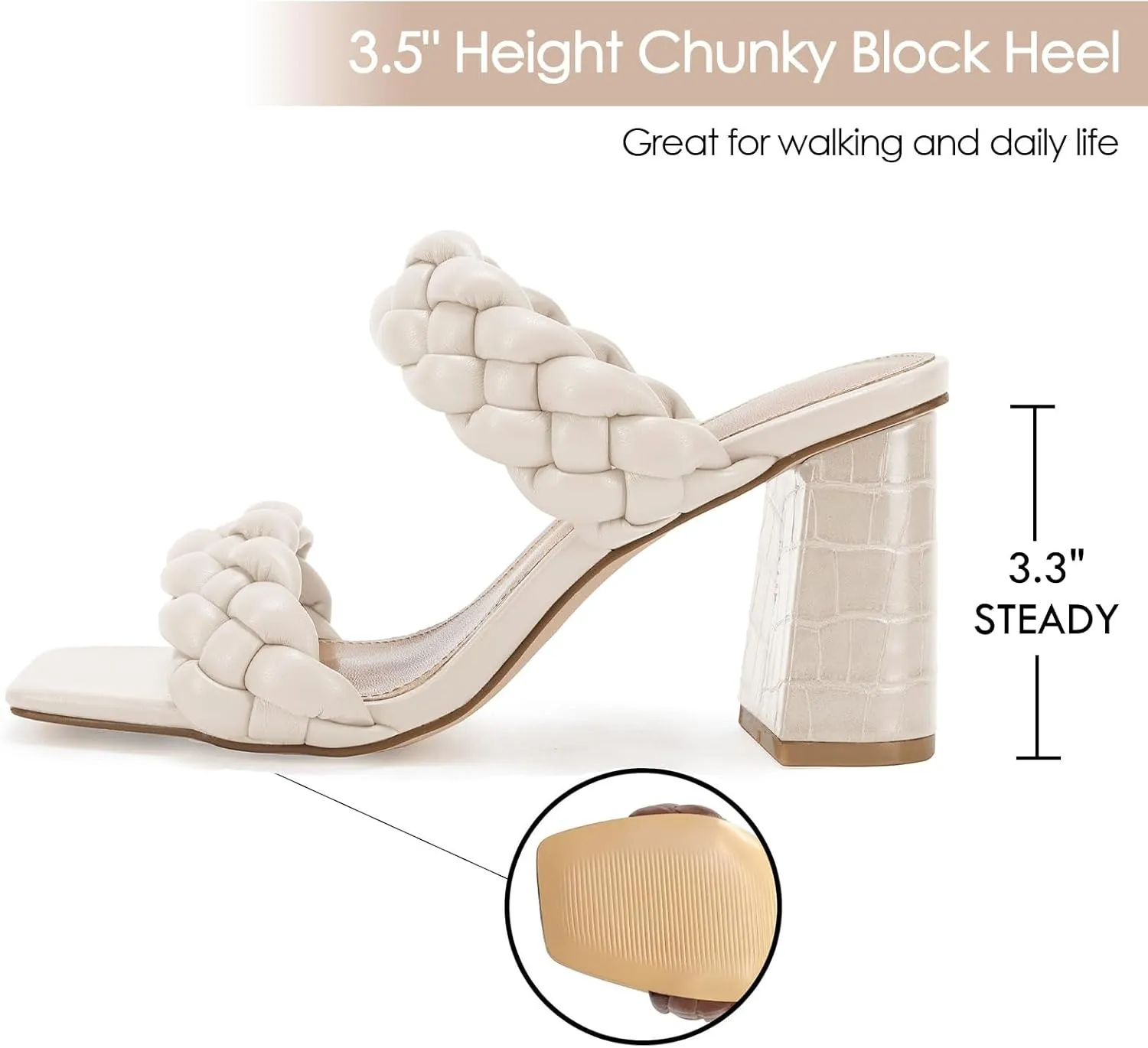 Syktkmx Women's Braided Heeled Sandals Backless Square Open Toe Block Slide Sandals
