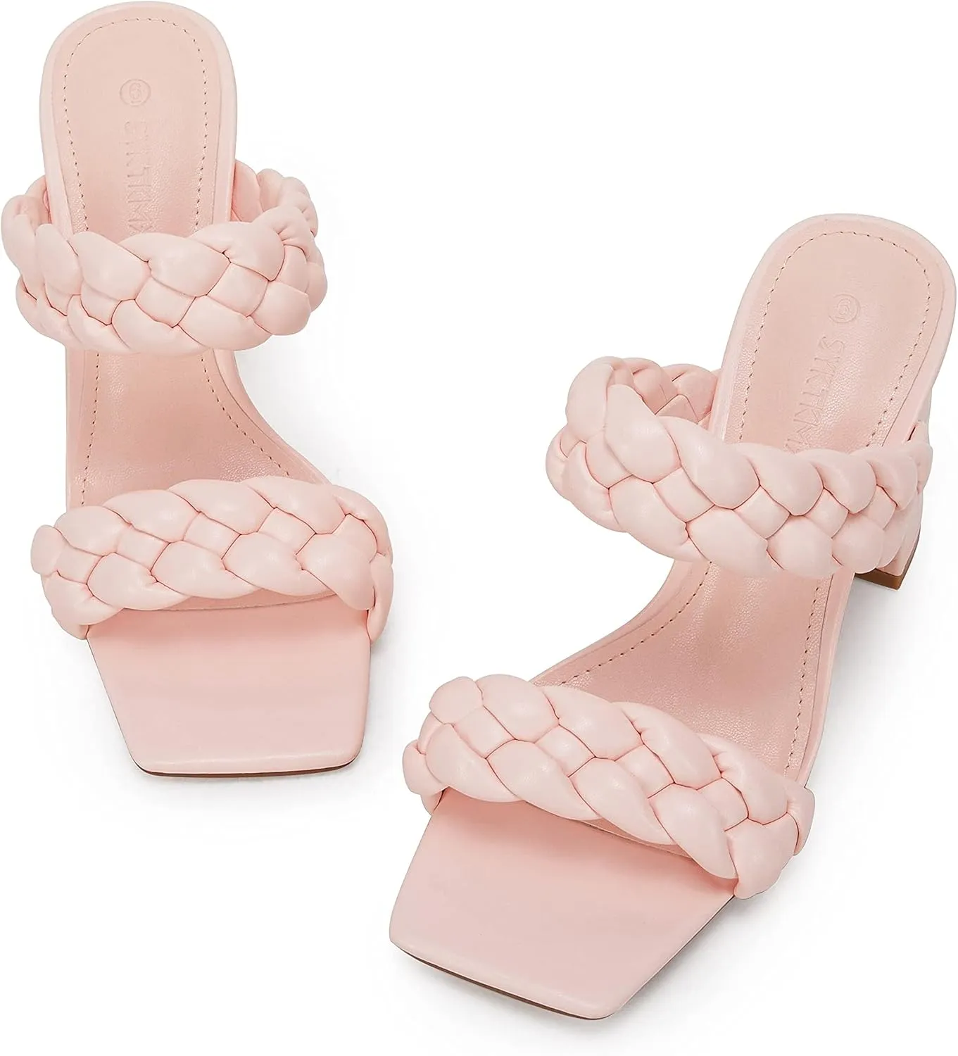 Syktkmx Women's Braided Heeled Sandals Backless Square Open Toe Block Slide Sandals