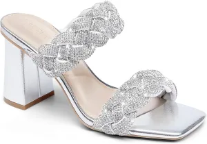 Syktkmx Women's Braided Heeled Sandals Backless Square Open Toe Block Slide Sandals