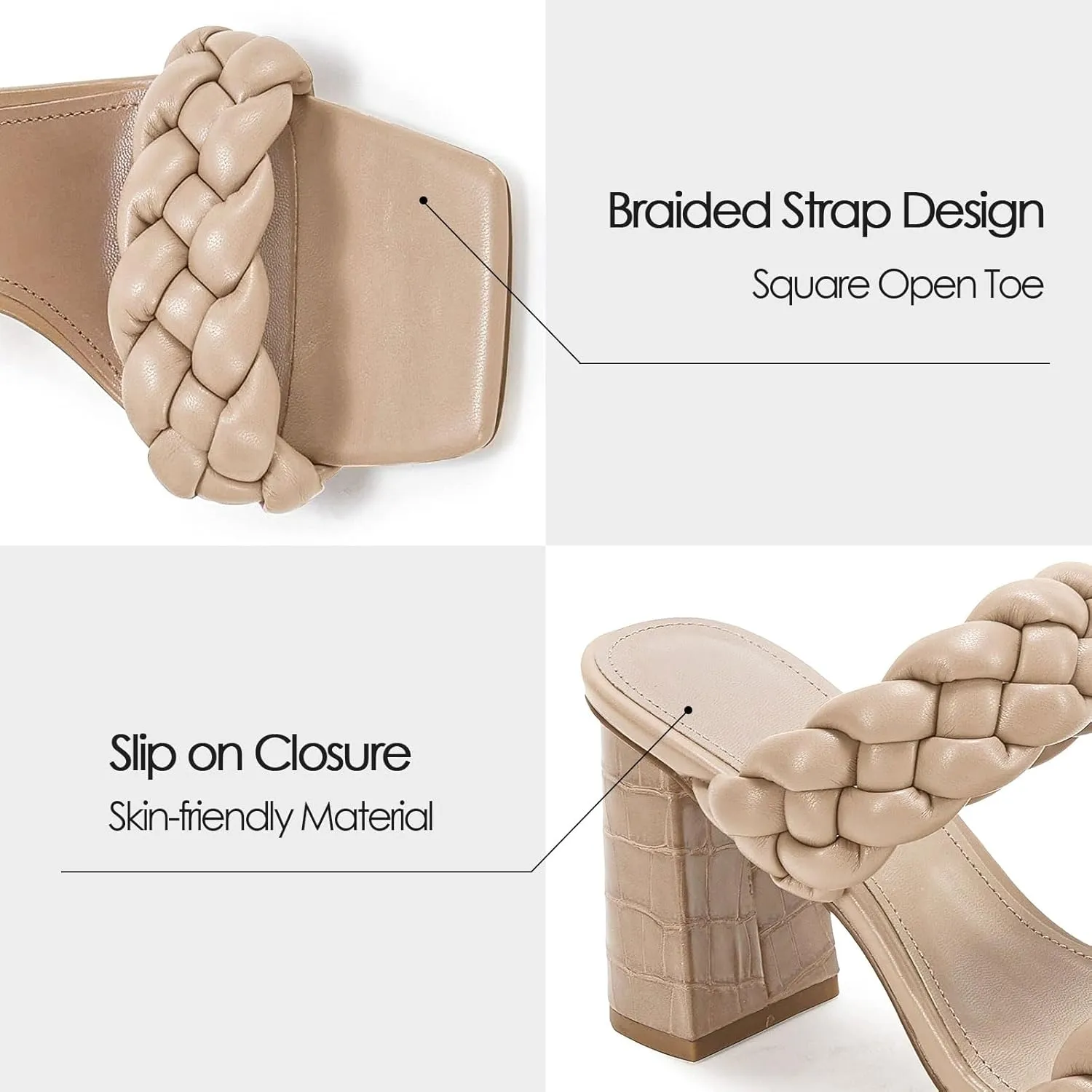 Syktkmx Women's Braided Heeled Sandals Backless Square Open Toe Block Slide Sandals