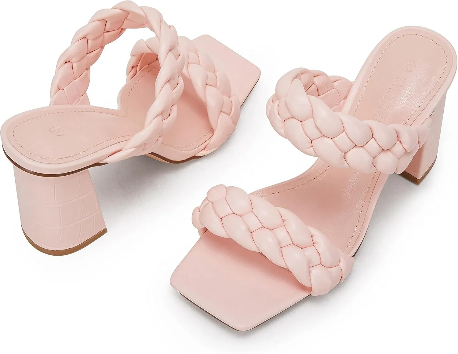 Syktkmx Women's Braided Heeled Sandals Backless Square Open Toe Block Slide Sandals