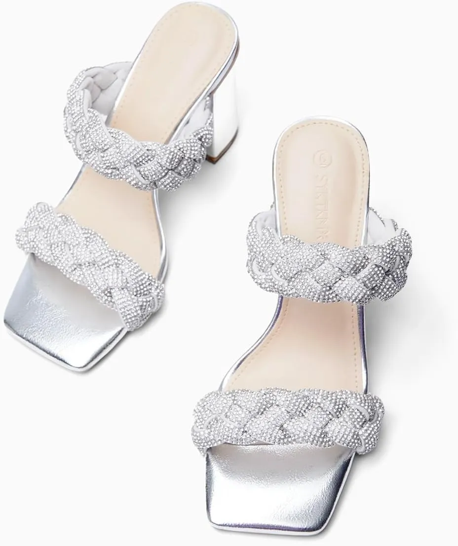 Syktkmx Women's Braided Heeled Sandals Backless Square Open Toe Block Slide Sandals