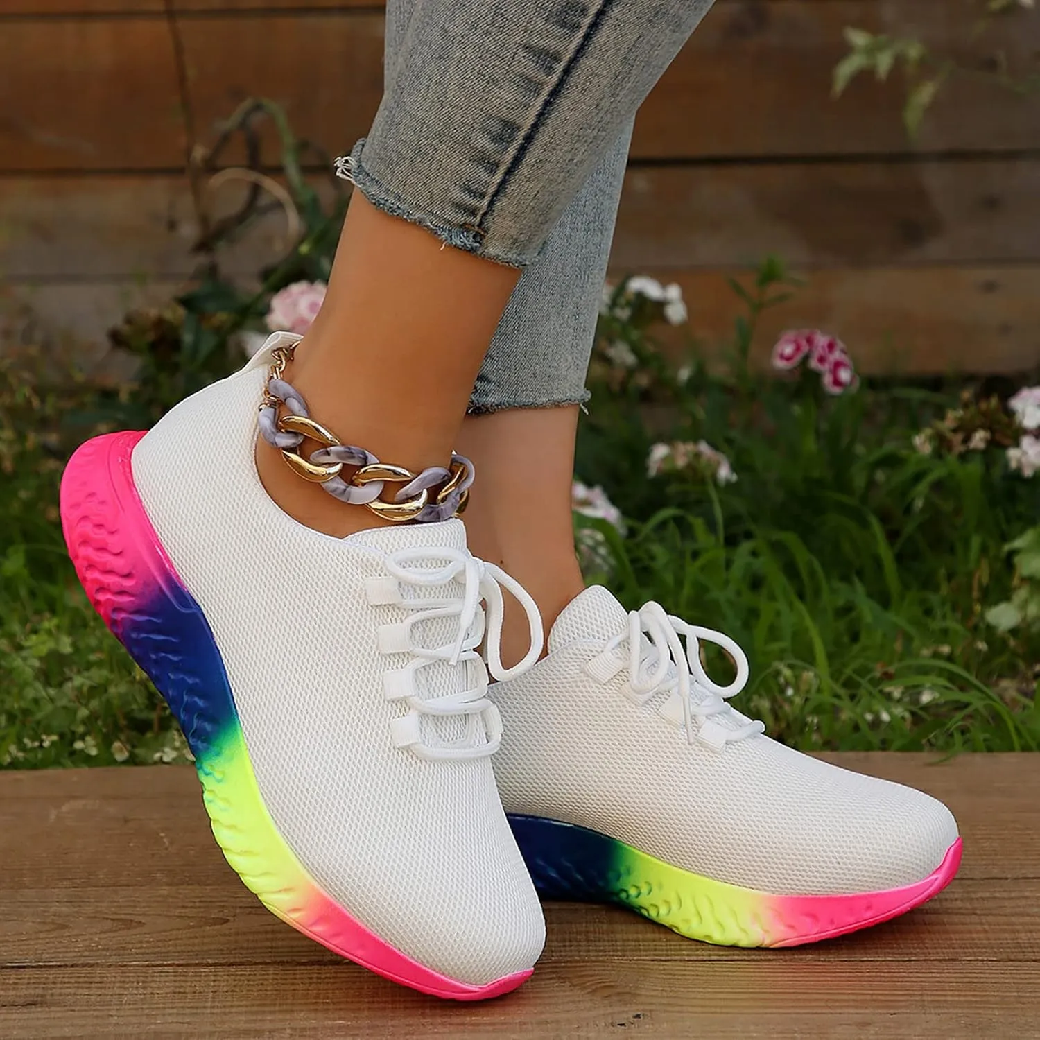 Tennis Running Shoes 2023 Spring New European and American Large Rainbow Low Elastic Single Shoe Women's Casual Thick Sole Lace Up Knitted Sports Shoes Work Sneakers for Indoor Outdoor Gym