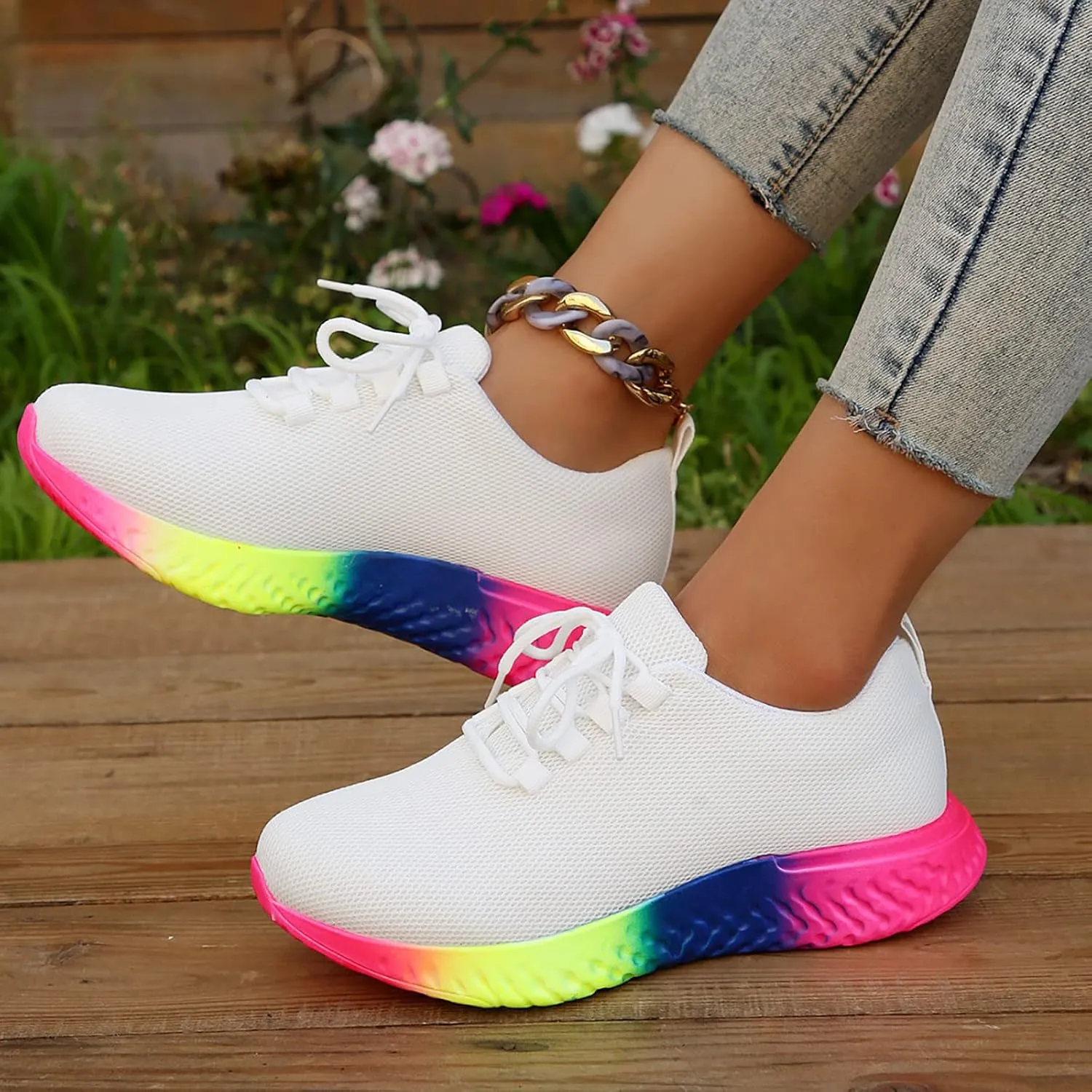 Tennis Running Shoes 2023 Spring New European and American Large Rainbow Low Elastic Single Shoe Women's Casual Thick Sole Lace Up Knitted Sports Shoes Work Sneakers for Indoor Outdoor Gym