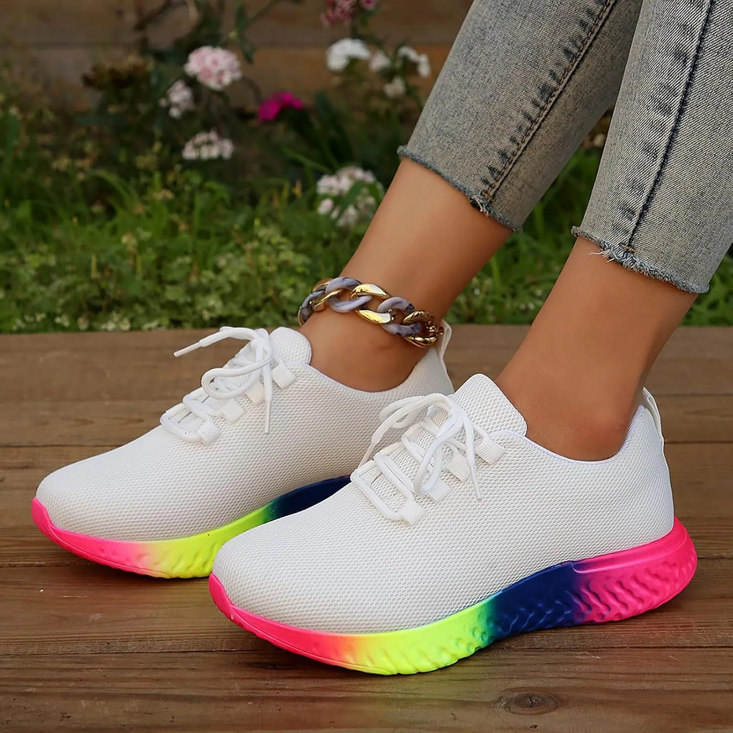Tennis Running Shoes 2023 Spring New European and American Large Rainbow Low Elastic Single Shoe Women's Casual Thick Sole Lace Up Knitted Sports Shoes Work Sneakers for Indoor Outdoor Gym