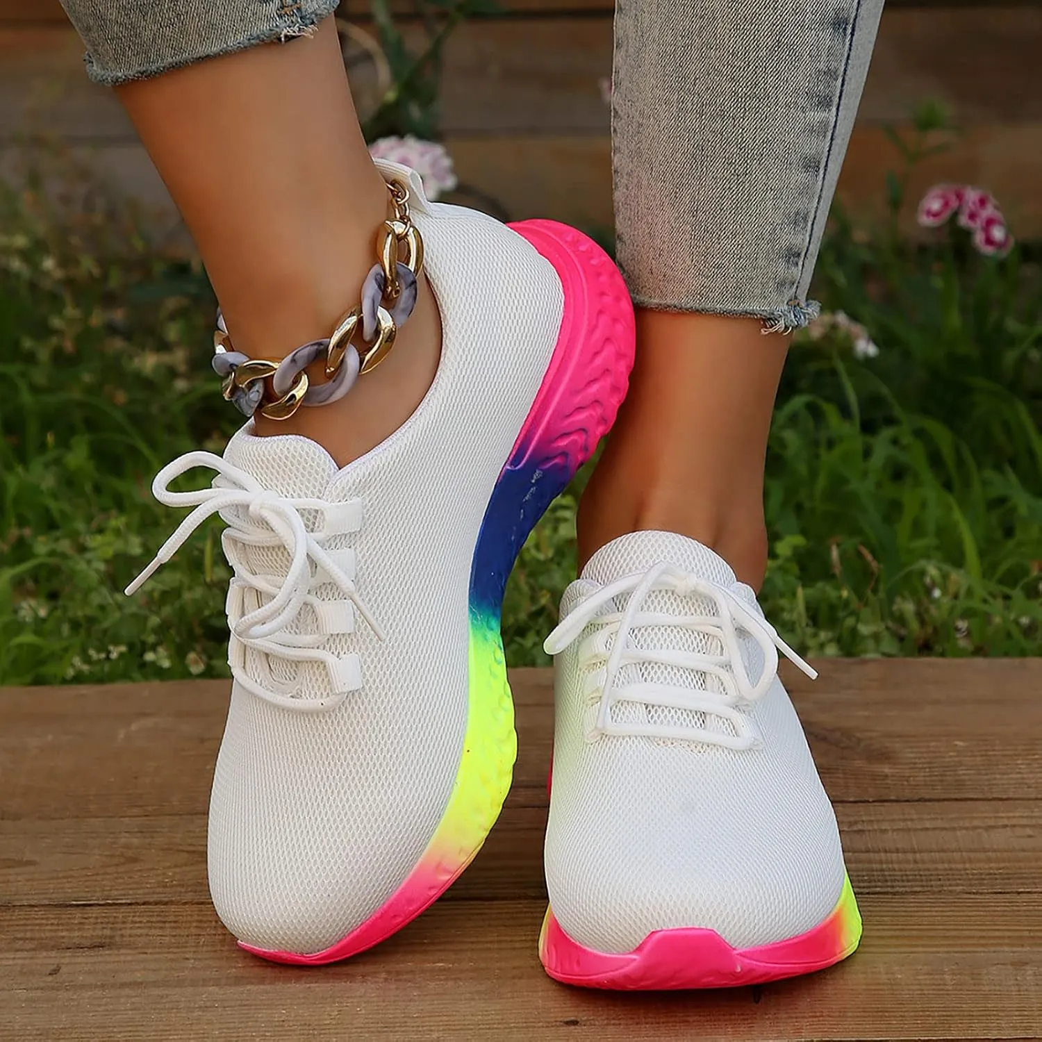 Tennis Running Shoes 2023 Spring New European and American Large Rainbow Low Elastic Single Shoe Women's Casual Thick Sole Lace Up Knitted Sports Shoes Work Sneakers for Indoor Outdoor Gym
