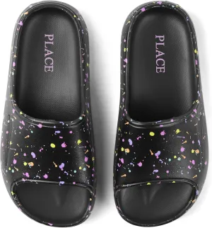 The Children's Place,Girls Everyday Slip On Slide Sandals,Black Splatter,4