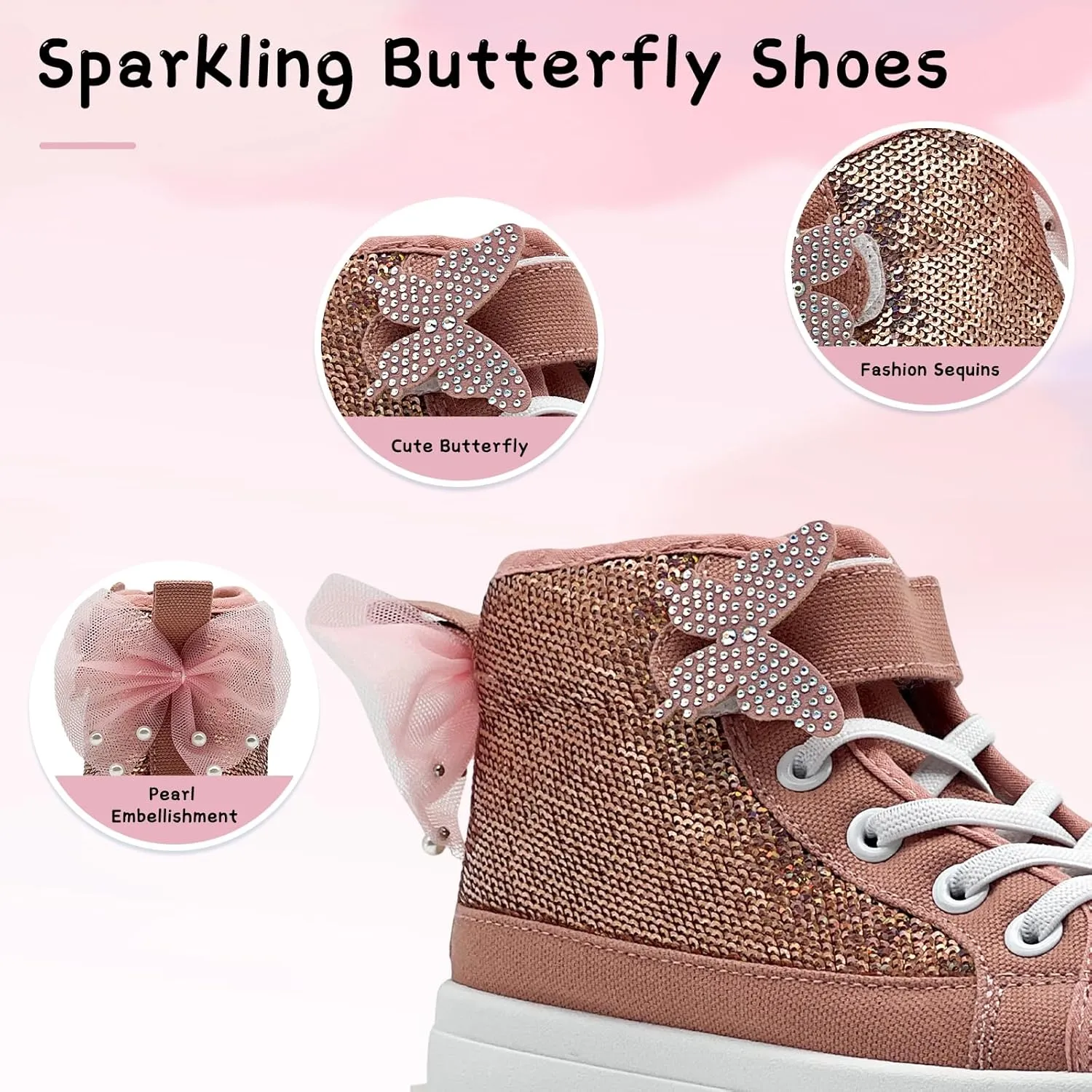 Toddler Sneakers for Girls Boys Fashion Canvas High Tops Butterfly Sequins Shoes Kids Casual Walking Shoes