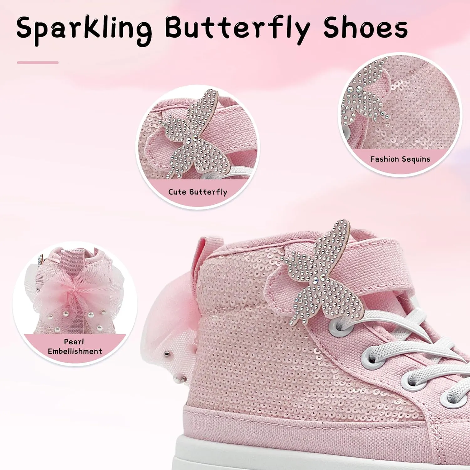 Toddler Sneakers for Girls Boys Fashion Canvas High Tops Butterfly Sequins Shoes Kids Casual Walking Shoes