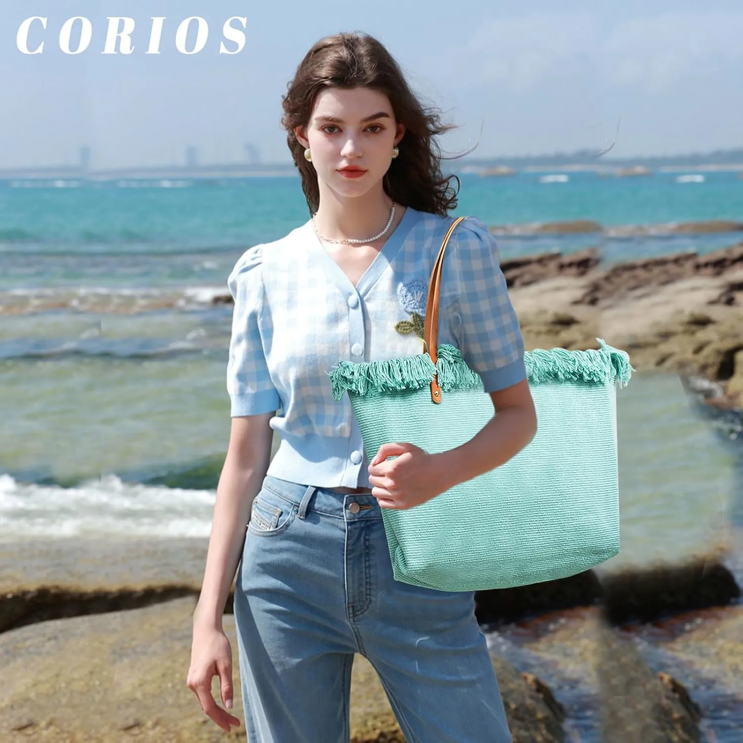 Tote Bag for Women Cute Canvas Shoulder Bag Summer Vibe Beach Bag Casual Handbag Bohemian Hobo Bag with Tassels