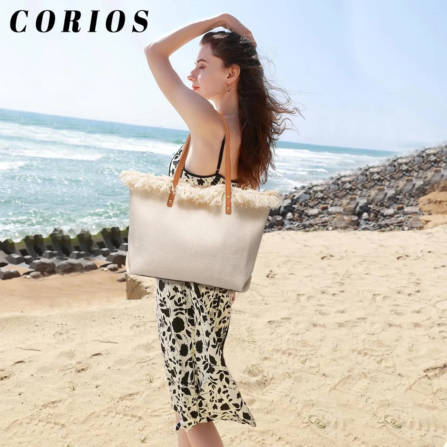 Tote Bag for Women Cute Canvas Shoulder Bag Summer Vibe Beach Bag Casual Handbag Bohemian Hobo Bag with Tassels