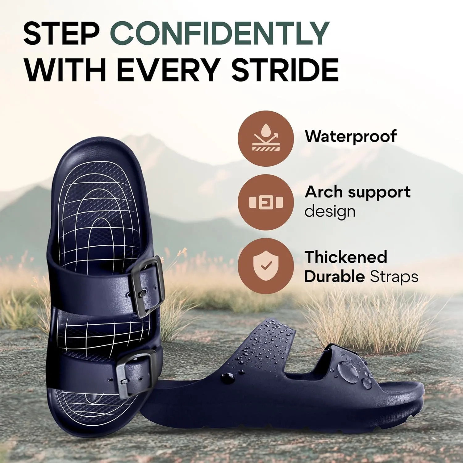 Trailvia Dress Black Sandals Men Open Toe Flip Flop, Comfortable Beach Slippers Durable Waterproof EVA Flat Slides with Adjustable Buckle, Non-Slip Footbed & Arch Support for Walking Hiking Outdoor, Footbed Size Men 6-11 Women 7-12