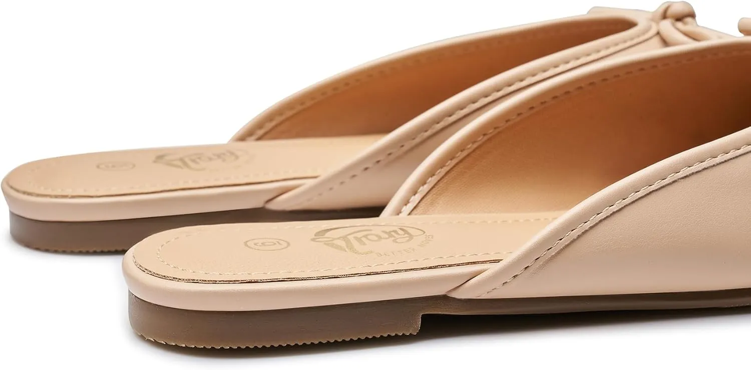 Trary Mules for Women 2025, Womens Mules Slip on Comfortable Bow Pointed Toe Womens Loafers, Backless Flats Mules Shoes for Women with Knot