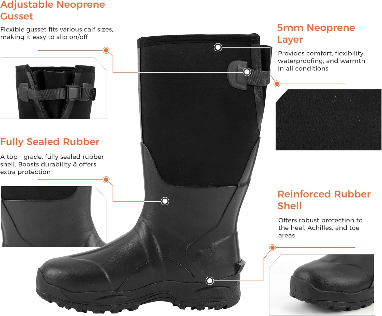 Ubon Men's Waterproof Neoprene Rain Boot Insulated Rubber Boots for Mud Work, Hunting, Fishing and Gardening with Adjustable Mid Calf