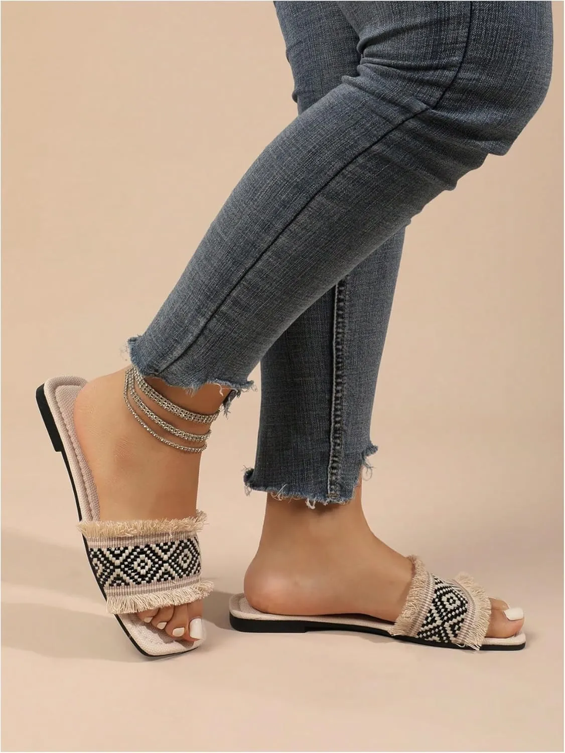 Verdusa Women's Boho Woven Fringe Leather Sandals Square Toe Slip on Slippers