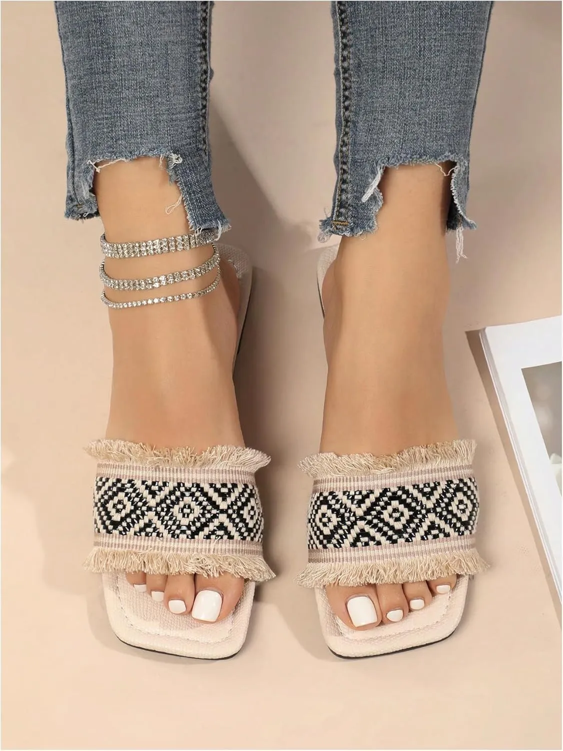 Verdusa Women's Boho Woven Fringe Leather Sandals Square Toe Slip on Slippers
