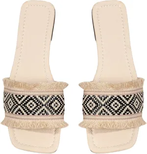 Verdusa Women's Boho Woven Fringe Leather Sandals Square Toe Slip on Slippers