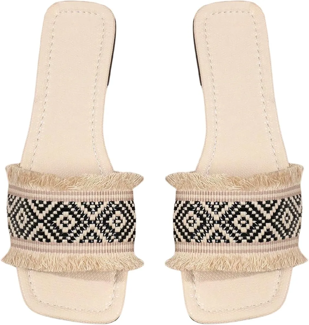 Verdusa Women's Boho Woven Fringe Leather Sandals Square Toe Slip on Slippers