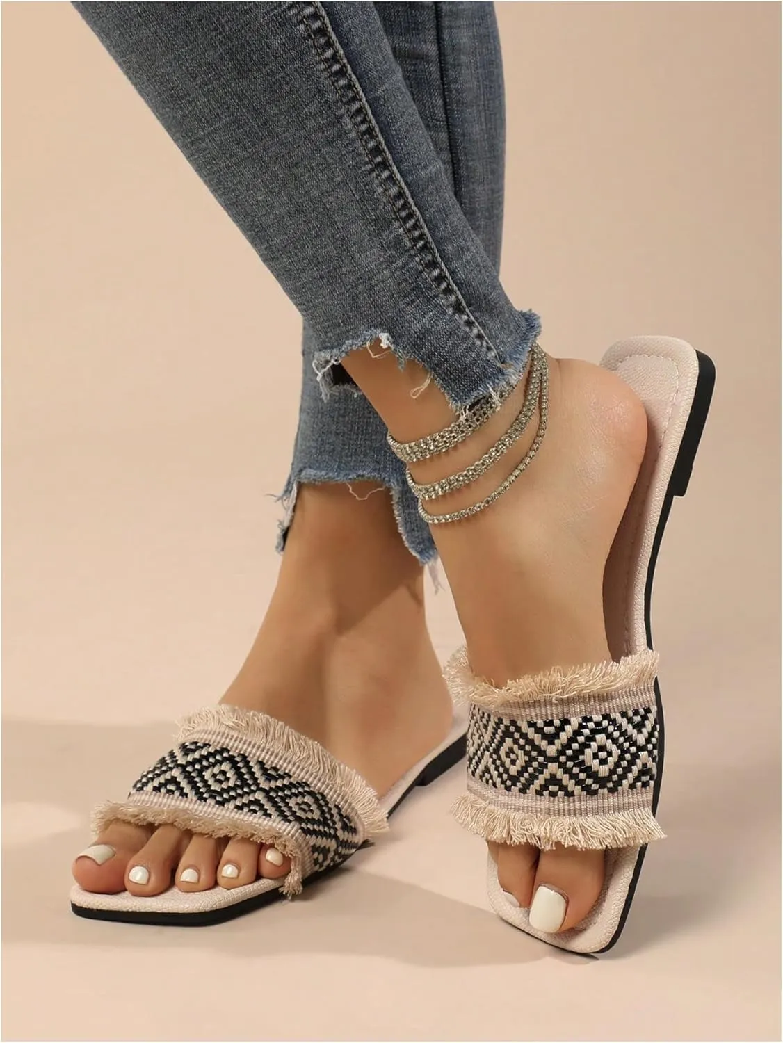 Verdusa Women's Boho Woven Fringe Leather Sandals Square Toe Slip on Slippers