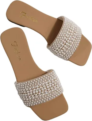 Verdusa Women's Pearls Slide Sandals Open Toe Slip On Summer Sandals