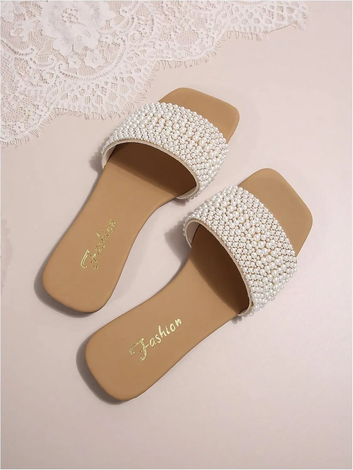 Verdusa Women's Pearls Slide Sandals Open Toe Slip On Summer Sandals