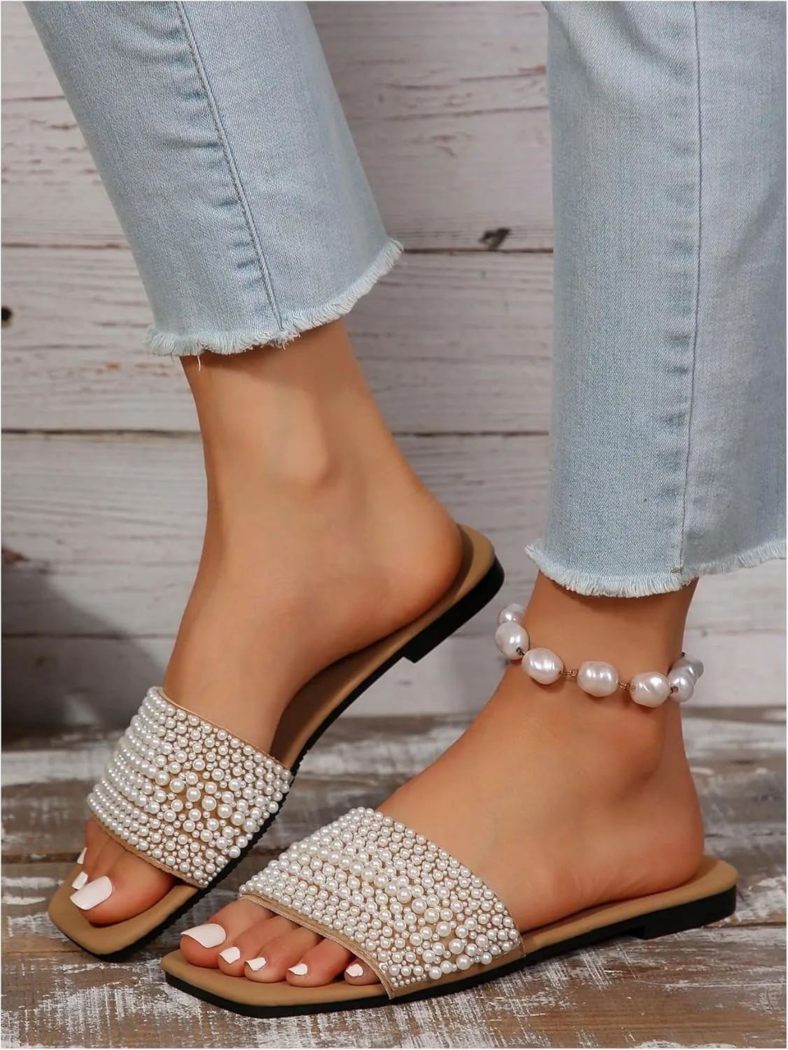 Verdusa Women's Pearls Slide Sandals Open Toe Slip On Summer Sandals