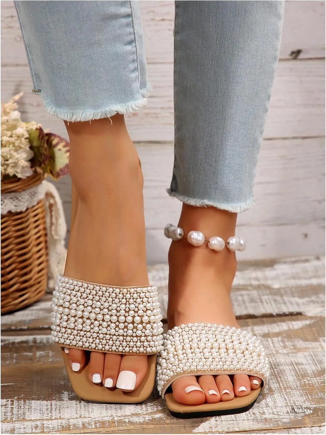 Verdusa Women's Pearls Slide Sandals Open Toe Slip On Summer Sandals