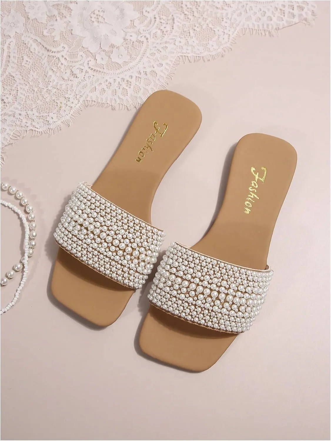 Verdusa Women's Pearls Slide Sandals Open Toe Slip On Summer Sandals