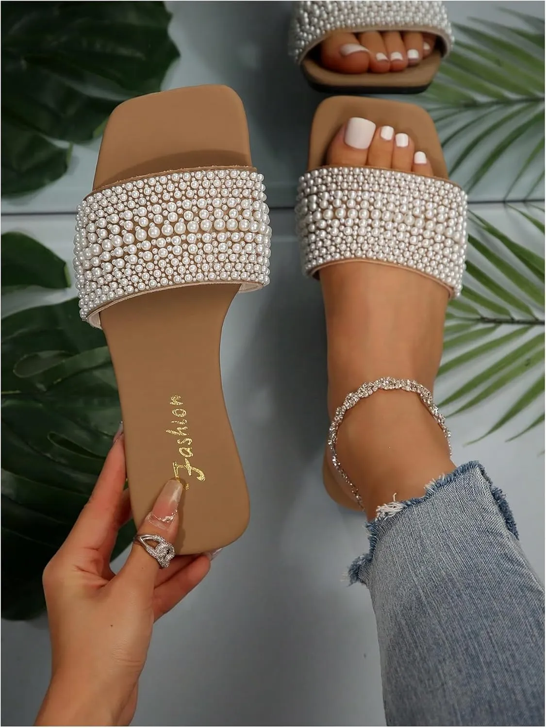Verdusa Women's Pearls Slide Sandals Open Toe Slip On Summer Sandals