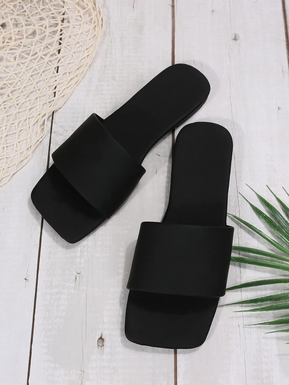 Verdusa Women's Square Open Toe Flat Sandals Slip On Slide Sandals