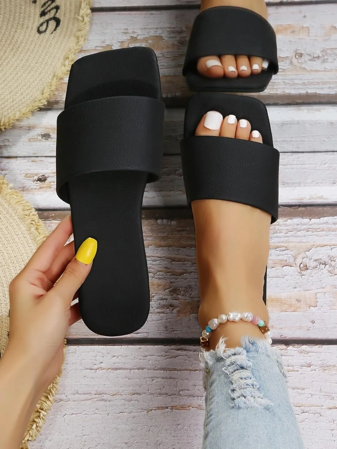 Verdusa Women's Square Open Toe Flat Sandals Slip On Slide Sandals