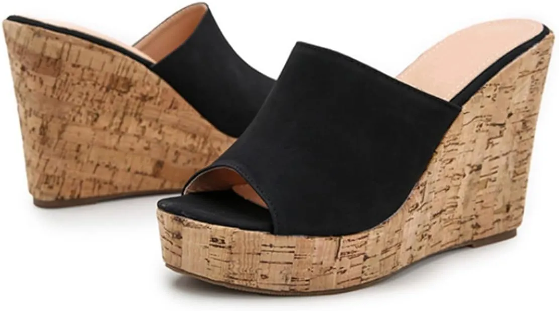 Vertundy Women's Wedge Sandals Slip on Slides Platform Round Open Toe Backless Fish Mouth Comfortable Slipper Cork Dressy Summer Casual Shoes 11CM