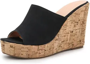 Vertundy Women's Wedge Sandals Slip on Slides Platform Round Open Toe Backless Fish Mouth Comfortable Slipper Cork Dressy Summer Casual Shoes 11CM