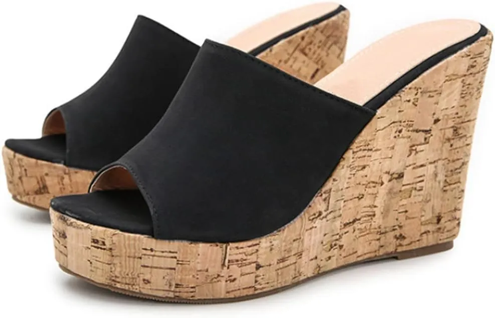Vertundy Women's Wedge Sandals Slip on Slides Platform Round Open Toe Backless Fish Mouth Comfortable Slipper Cork Dressy Summer Casual Shoes 11CM