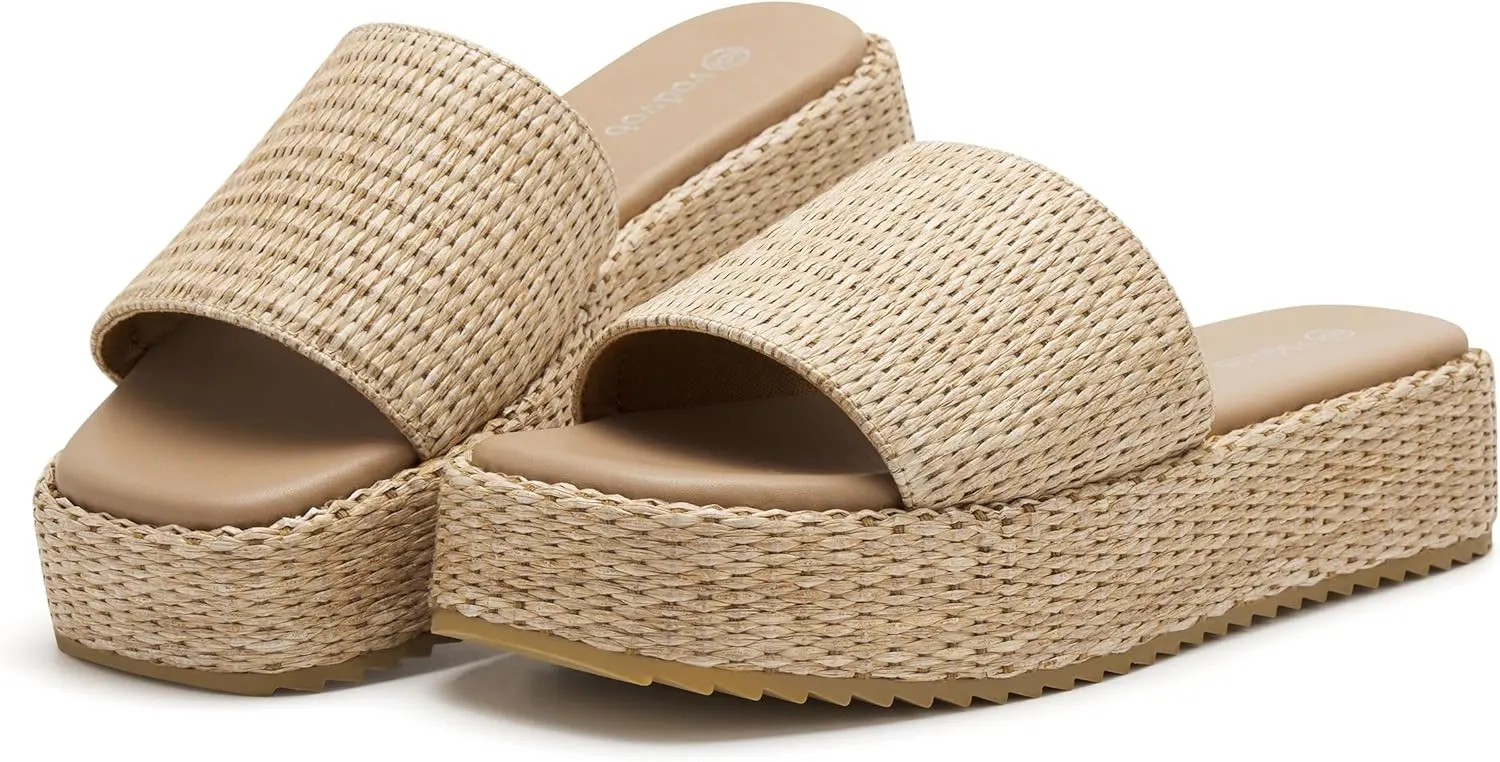 vodvob Platform Sandals for Women Open Toe Comfort Slip On Espadrille Sandals Cute Beach Straw Raffia Sandals Casual Summer Vacation for Women
