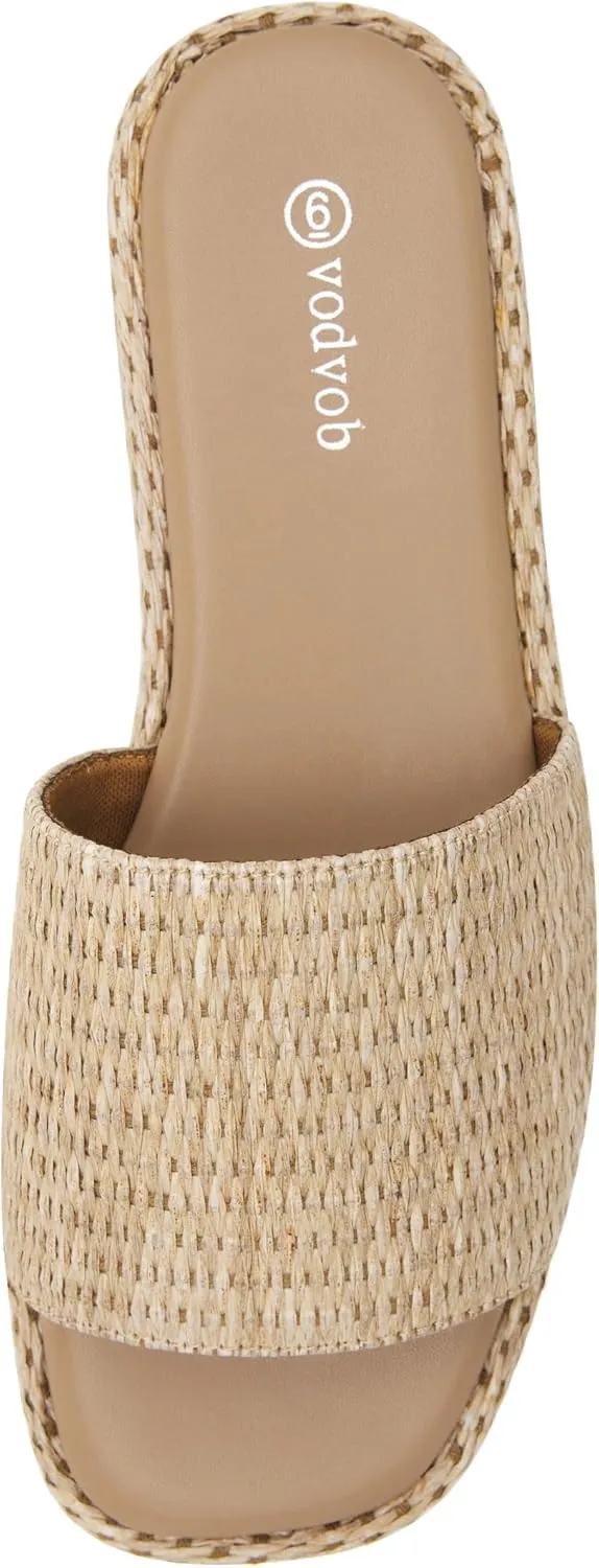 vodvob Platform Sandals for Women Open Toe Comfort Slip On Espadrille Sandals Cute Beach Straw Raffia Sandals Casual Summer Vacation for Women
