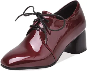 VOKLIN Women's Square Toe Lace Up Pump Oxford Patent Leather Chunky Mid Block Heel Western Dress Loafer Shoes