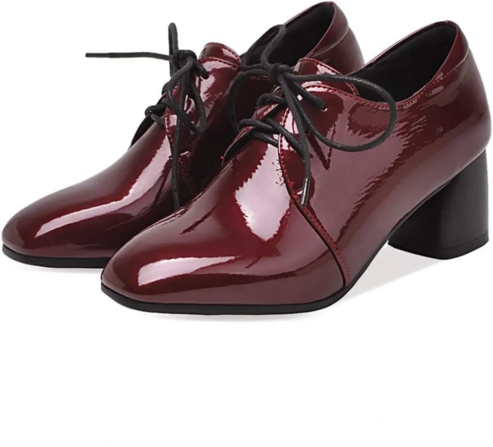VOKLIN Women's Square Toe Lace Up Pump Oxford Patent Leather Chunky Mid Block Heel Western Dress Loafer Shoes