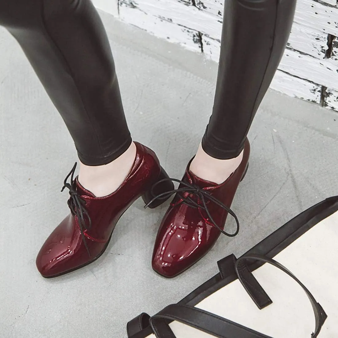 VOKLIN Women's Square Toe Lace Up Pump Oxford Patent Leather Chunky Mid Block Heel Western Dress Loafer Shoes
