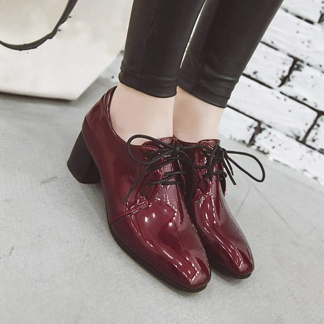 VOKLIN Women's Square Toe Lace Up Pump Oxford Patent Leather Chunky Mid Block Heel Western Dress Loafer Shoes