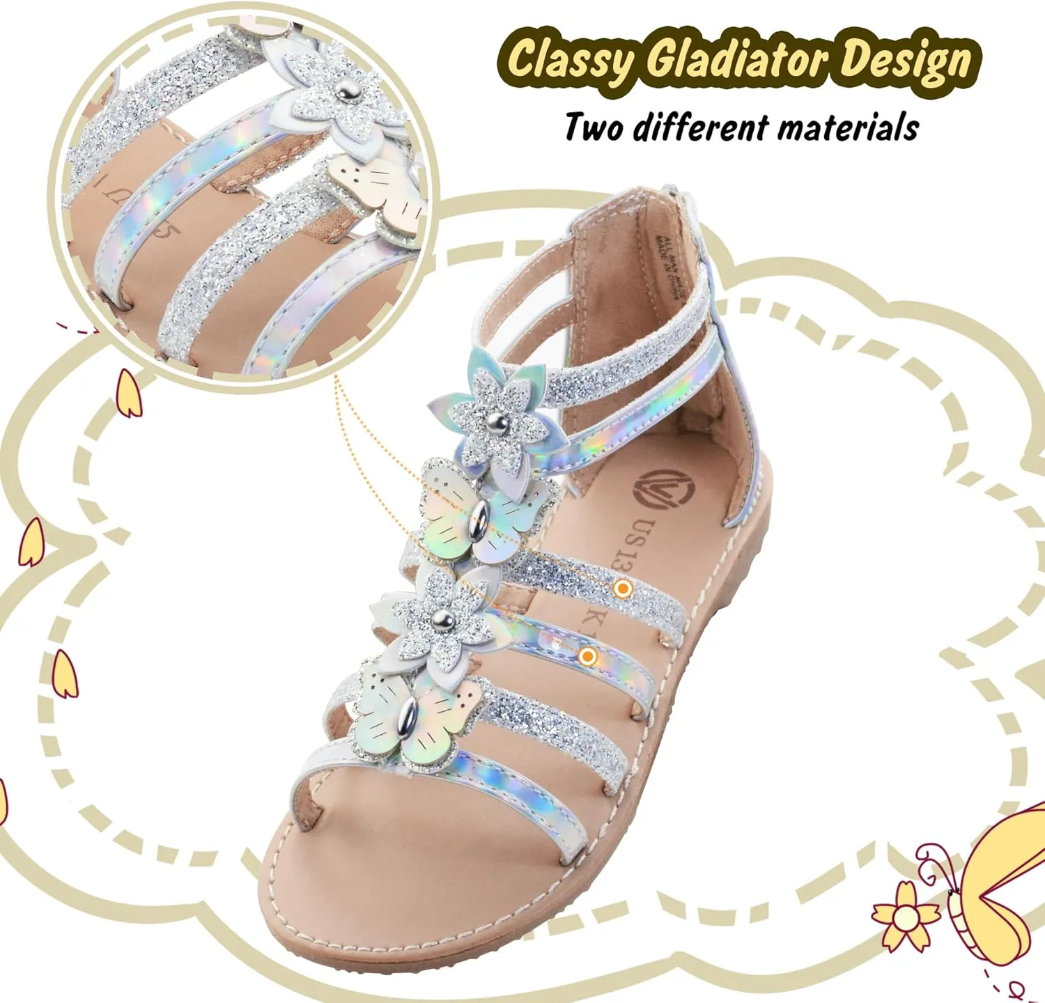 Vonair Girls Gladiator Sandals Cute Open Toe Breathable Summer Shoes with Rubber Sole (Toddler/Little Kid/Big Kid)