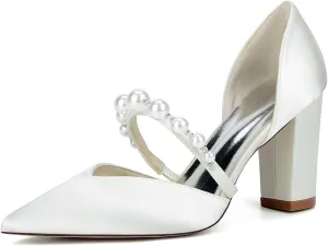 Wedding Women's Pointed 8.5CM Toe Ankle Strap Shoes for Bride Chunky Block Heel Satin Sandals Slip on Beaded Comfortable Dance Pumps