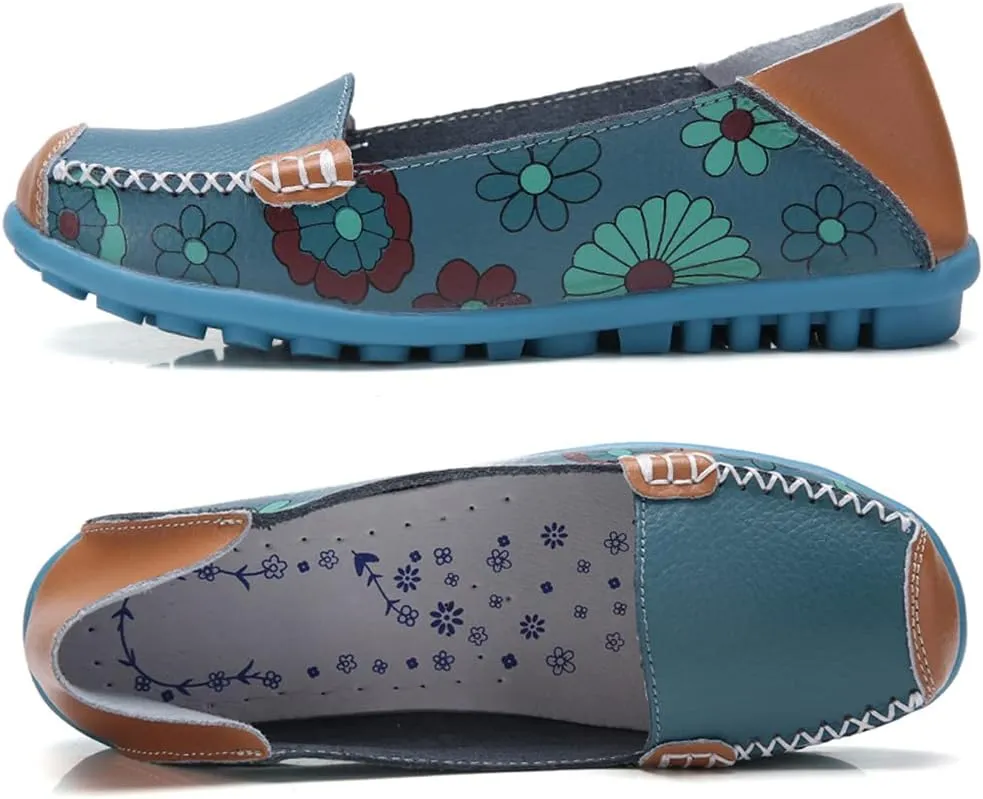 WERWAES Casual Womens Loafers Shoes Cute Floral Print Round Toe Leather Non-Slip Loafers for Women Comfort Outdoor Traveling Walking Flats Shoes