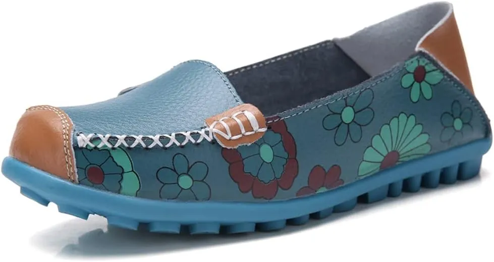 WERWAES Casual Womens Loafers Shoes Cute Floral Print Round Toe Leather Non-Slip Loafers for Women Comfort Outdoor Traveling Walking Flats Shoes