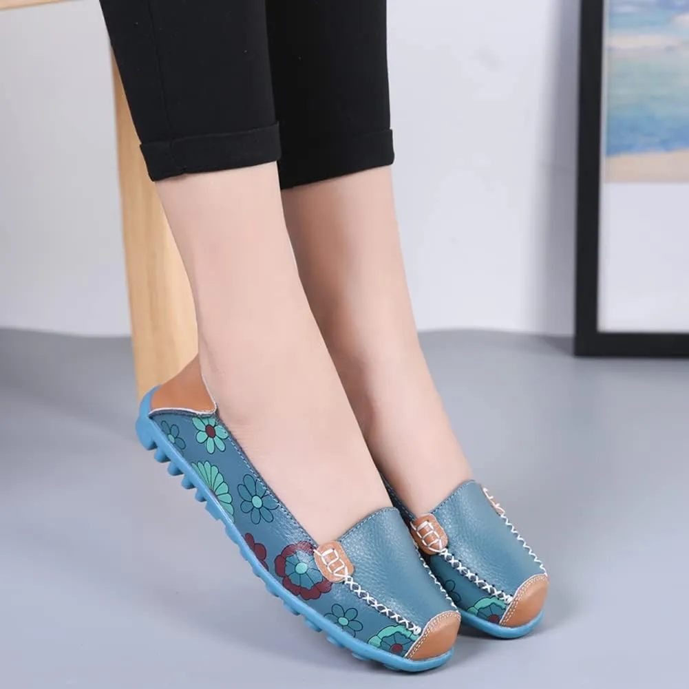 WERWAES Casual Womens Loafers Shoes Cute Floral Print Round Toe Leather Non-Slip Loafers for Women Comfort Outdoor Traveling Walking Flats Shoes